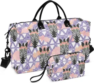 VIGTRO Travel Duffel Bag Weekender Overnight Bag with Toiletry Bag Zebra Animal Pink Flowers Printed, Carry On Luggage Bag for Hospital Gym Travel Business, 2 Pcs Set