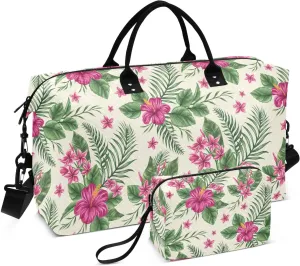 VIGTRO Weekender Bag Travel Duffle Bag for Women Men Pink Hibiscus Flower Printed, Overnight Bag for Gym Work with Toiletry Bag, Tropic Floral 2 PCS Set