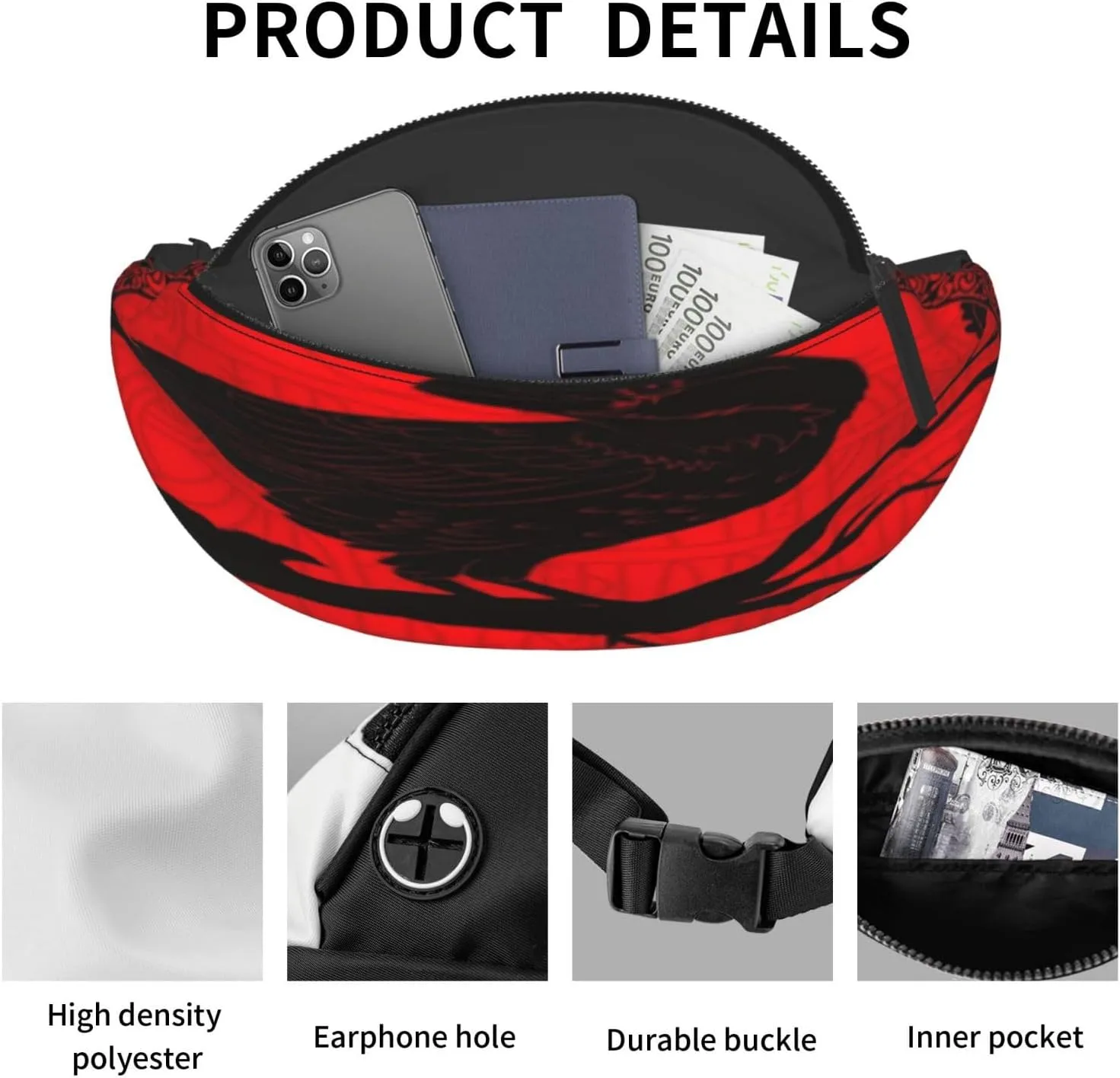 Viking Black Crow Scandinavian Runes Waist Packs Unisex Adjustable Shoulder Strap Messenger Bag Sports Travel Running Leisure Waist Bag