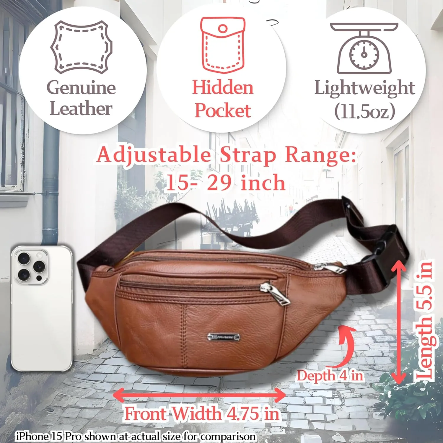 Vintage Genuine Leather Fanny Pack with Key Ring – Spacious Crossbody Sling Bag for Men and Women, Ideal for everyday carry and Travel (Tan)