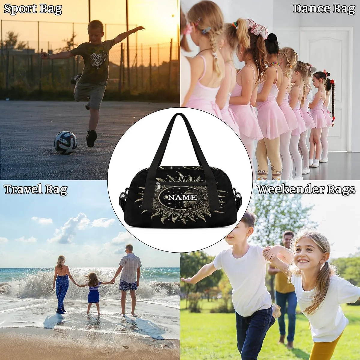 Vintage Tarot Sun Moon Personalized Kids Duffel Bag Custom Gym Sports Duffle Bag Teen Travel Gymnastic Weekender Overnighter Bag Carry on Toe Bag for Boys & Girls