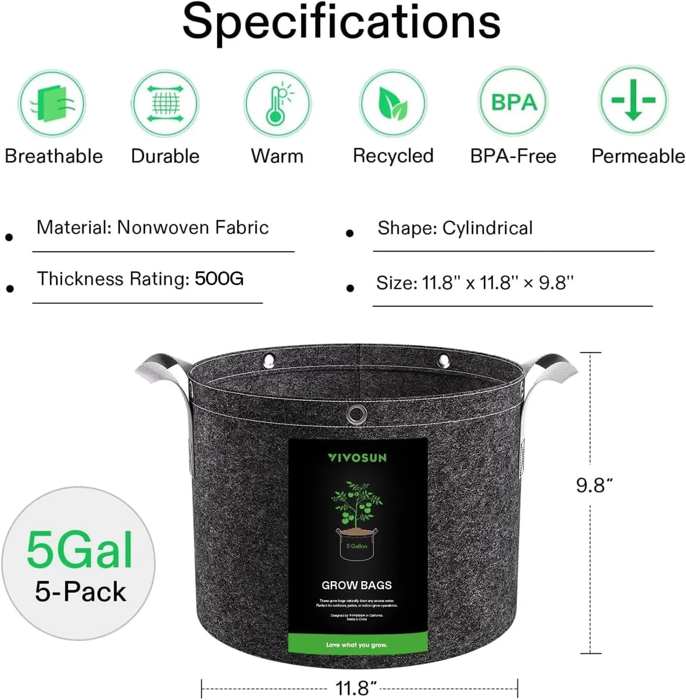 VIVOSUN 5-Pack 5 Gallon Grow Bags, 500G Thick Nonwoven Fabric Pots with Strap Handles, Multi-Purpose Rings, for Low Stress Plant Training Fruits, Vegetables, and Flowers