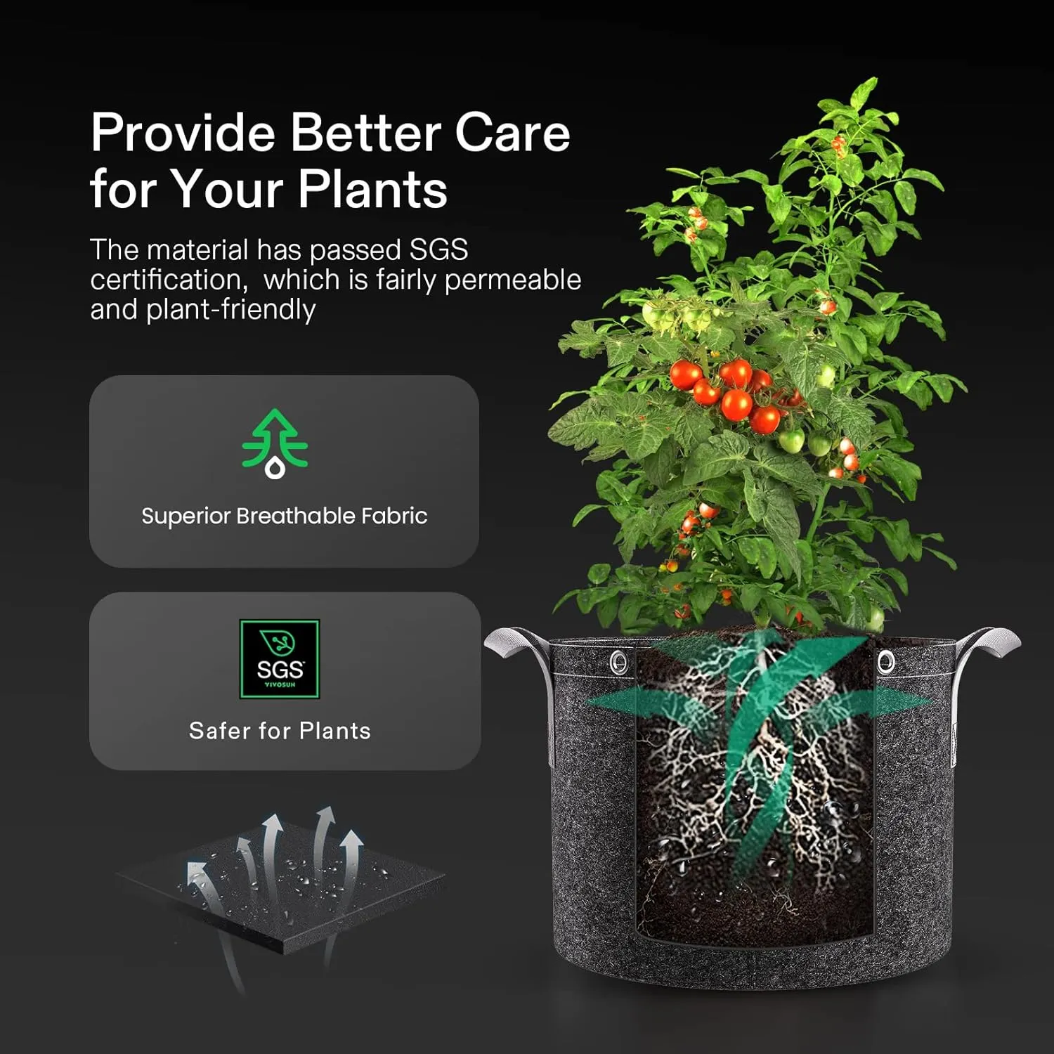 VIVOSUN 5-Pack 5 Gallon Grow Bags, 500G Thick Nonwoven Fabric Pots with Strap Handles, Multi-Purpose Rings, for Low Stress Plant Training Fruits, Vegetables, and Flowers