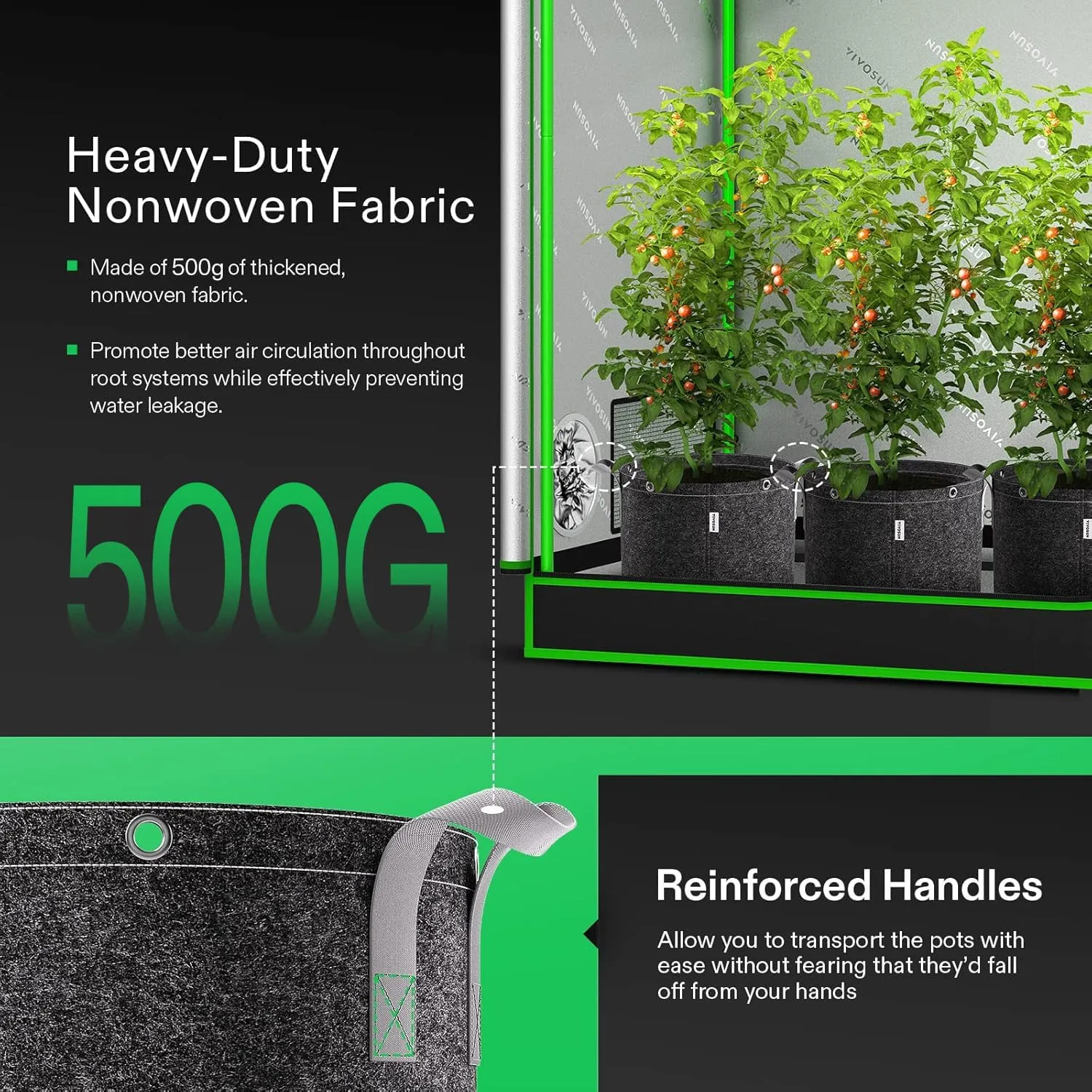 VIVOSUN 5-Pack 5 Gallon Grow Bags, 500G Thick Nonwoven Fabric Pots with Strap Handles, Multi-Purpose Rings, for Low Stress Plant Training Fruits, Vegetables, and Flowers