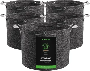 VIVOSUN 5-Pack 5 Gallon Grow Bags, 500G Thick Nonwoven Fabric Pots with Strap Handles, Multi-Purpose Rings, for Low Stress Plant Training Fruits, Vegetables, and Flowers
