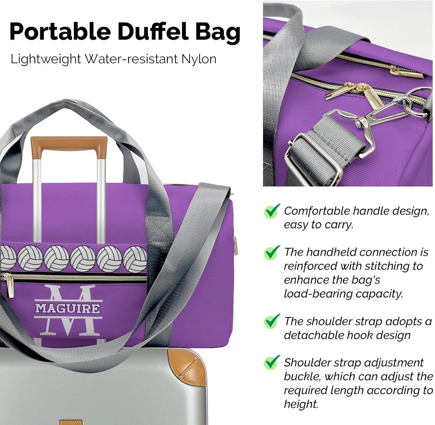 Volleyball Monogram Purple Personalized Duffel Bag with Name Custom Travel Bag for Women Men Sports Gym Dance Bags Wet Dry Pockets Shoes Compartment Overnight Weekend Bag Gift
