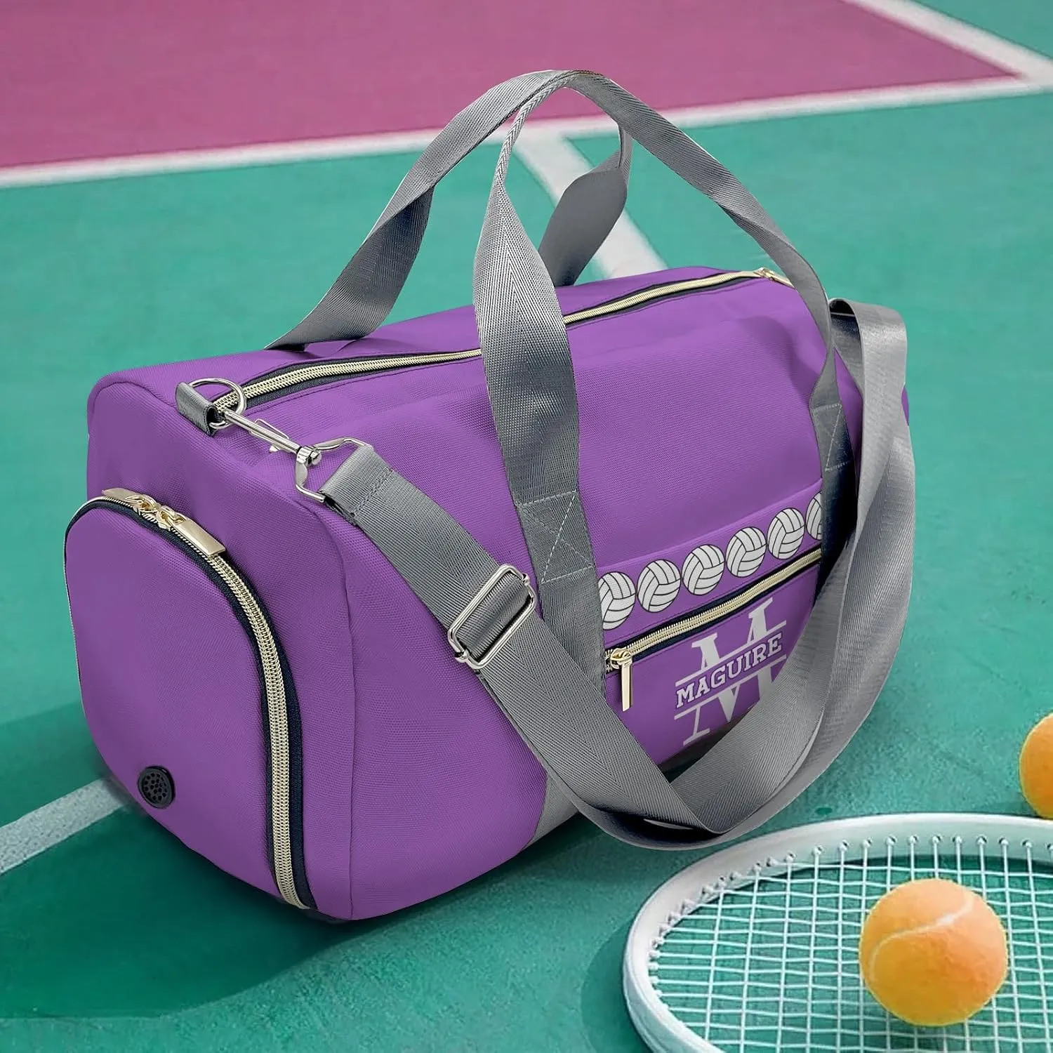 Volleyball Monogram Purple Personalized Duffel Bag with Name Custom Travel Bag for Women Men Sports Gym Dance Bags Wet Dry Pockets Shoes Compartment Overnight Weekend Bag Gift