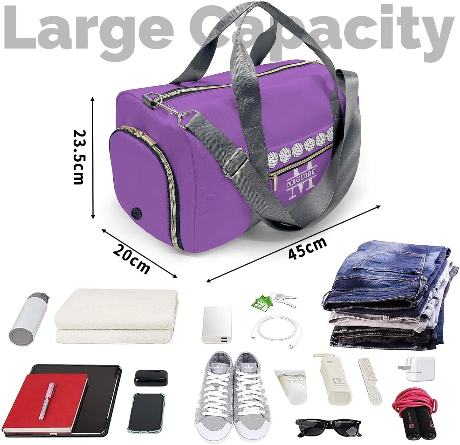 Volleyball Monogram Purple Personalized Duffel Bag with Name Custom Travel Bag for Women Men Sports Gym Dance Bags Wet Dry Pockets Shoes Compartment Overnight Weekend Bag Gift