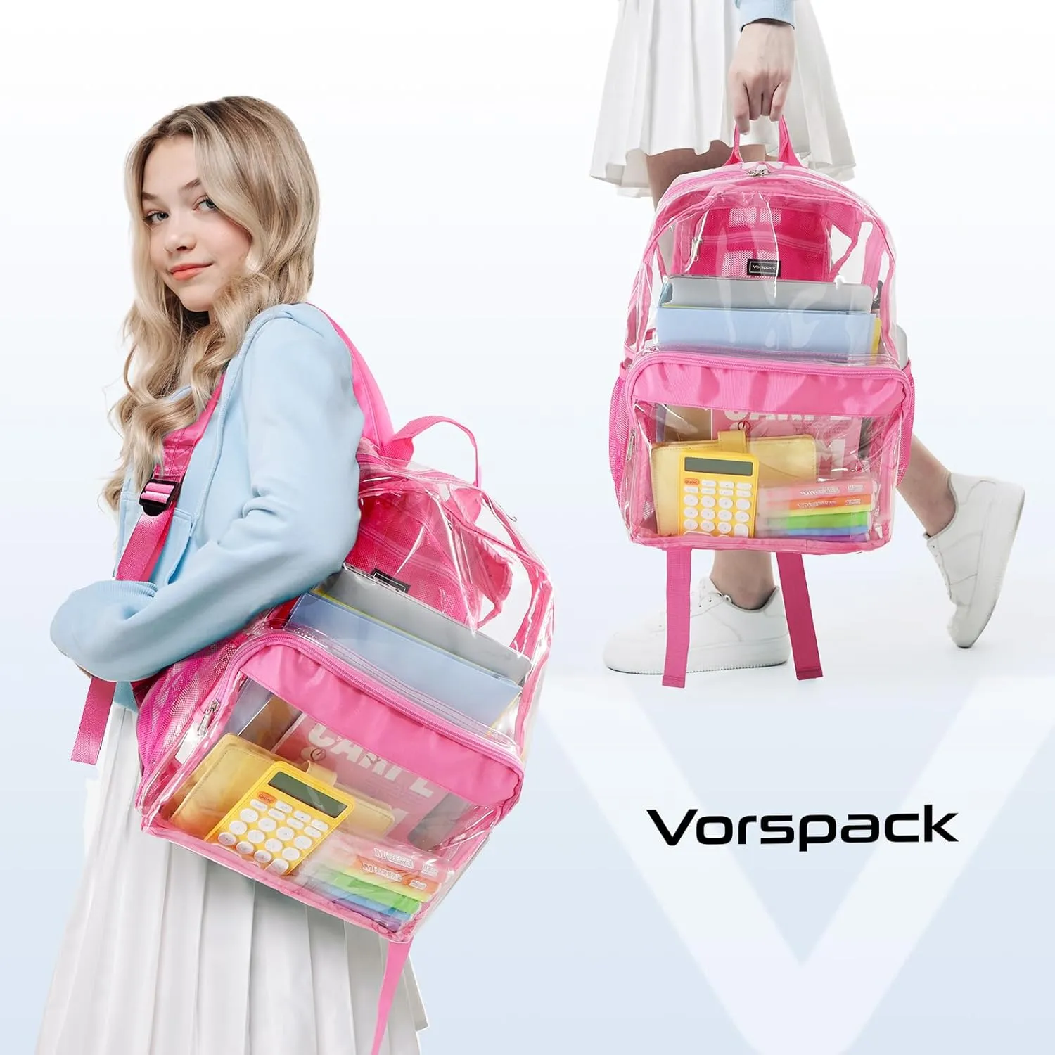 Vorspack Clear Heavy Duty Backpack - Transparent PVC See Through With Reinforced Bottom for College Workplace Security - Pink