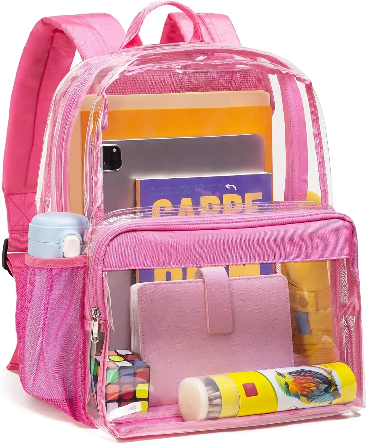 Vorspack Clear Heavy Duty Backpack - Transparent PVC See Through With Reinforced Bottom for College Workplace Security - Pink