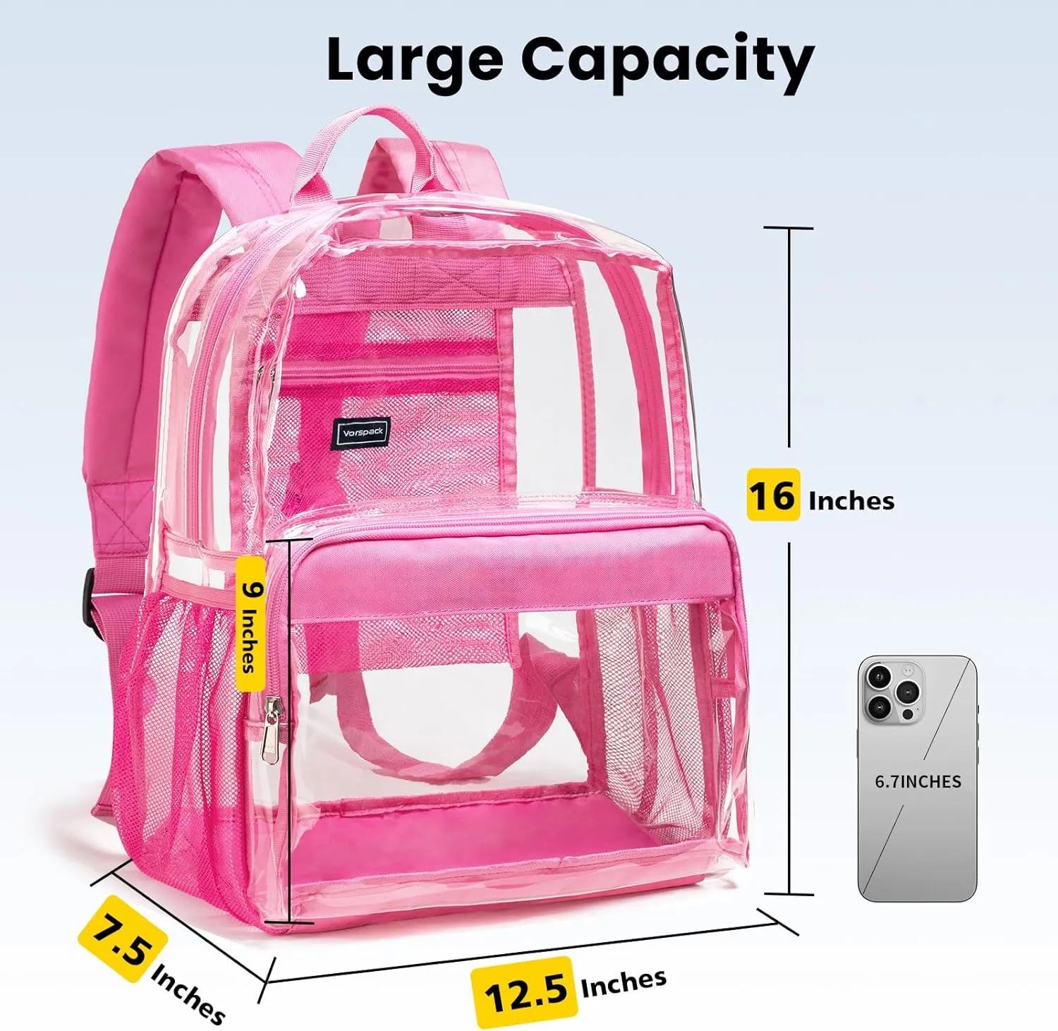 Vorspack Clear Heavy Duty Backpack - Transparent PVC See Through With Reinforced Bottom for College Workplace Security - Pink