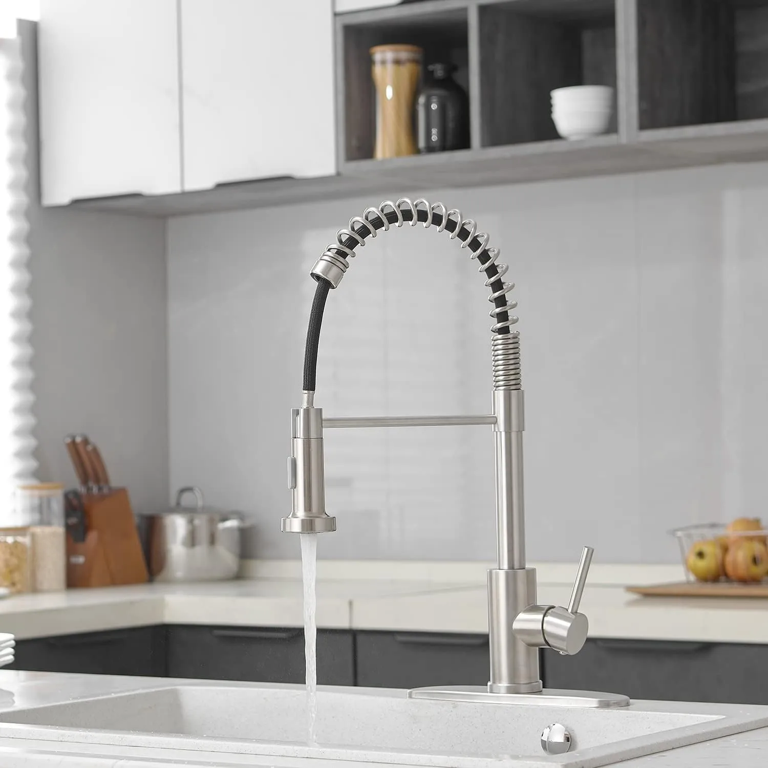 VOTON Kitchen Faucets with Pull Out Sprayer Commercial Spring Sink Faucet Stainless Steel Brushed Nickel Pull Down Single Handle Farmhouse faucets with Deck Plate for Camper Laundry Utility Rv Wet Bar