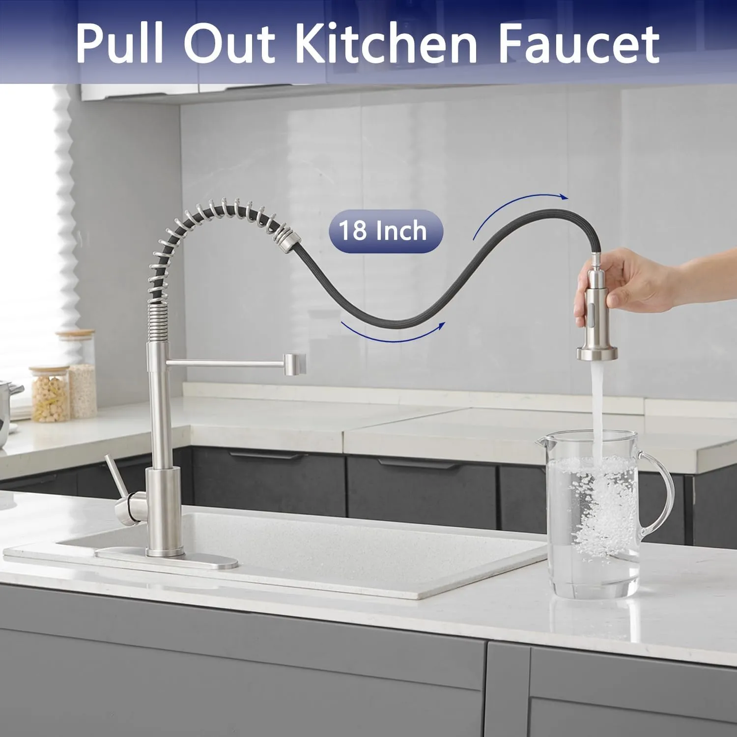 VOTON Kitchen Faucets with Pull Out Sprayer Commercial Spring Sink Faucet Stainless Steel Brushed Nickel Pull Down Single Handle Farmhouse faucets with Deck Plate for Camper Laundry Utility Rv Wet Bar