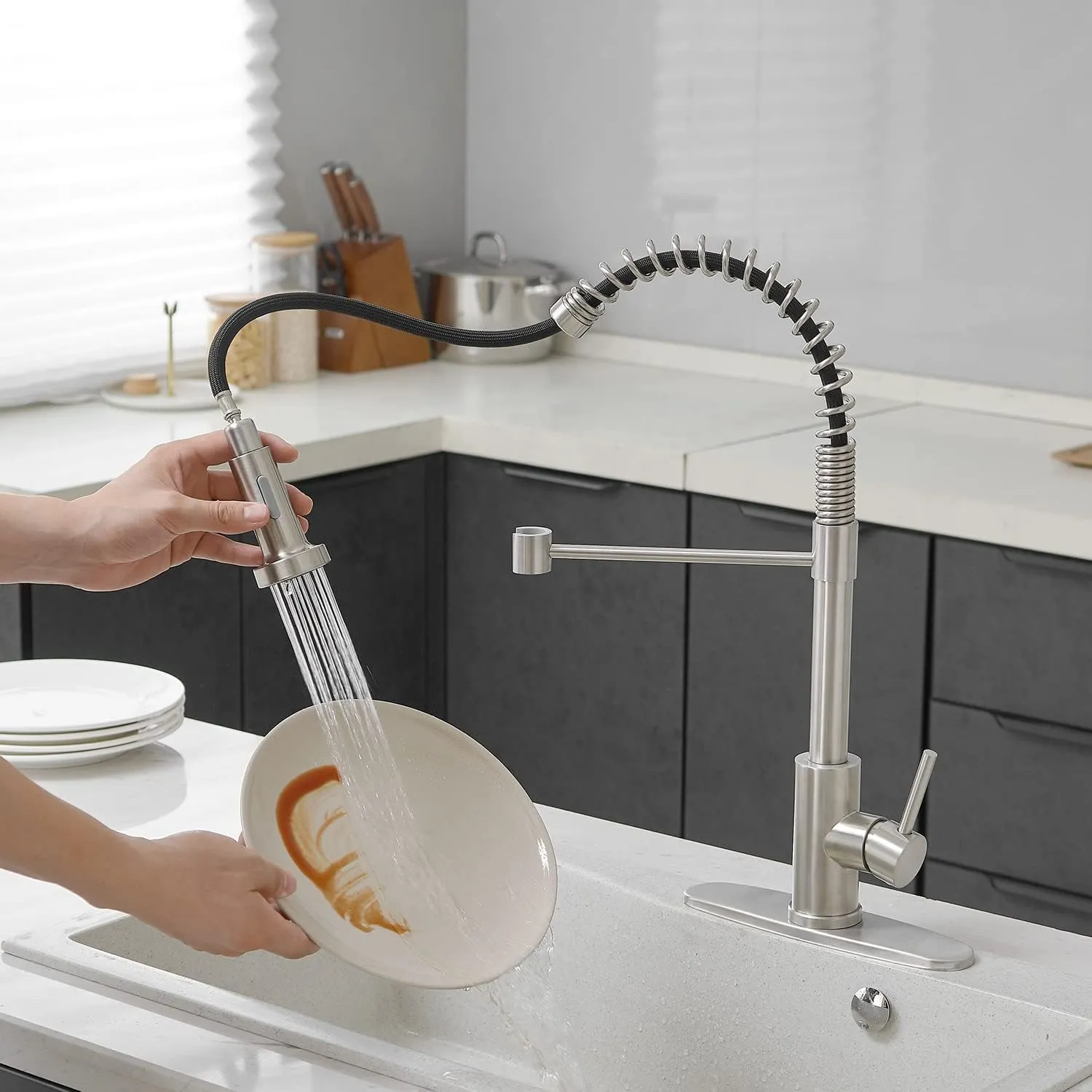 VOTON Kitchen Faucets with Pull Out Sprayer Commercial Spring Sink Faucet Stainless Steel Brushed Nickel Pull Down Single Handle Farmhouse faucets with Deck Plate for Camper Laundry Utility Rv Wet Bar