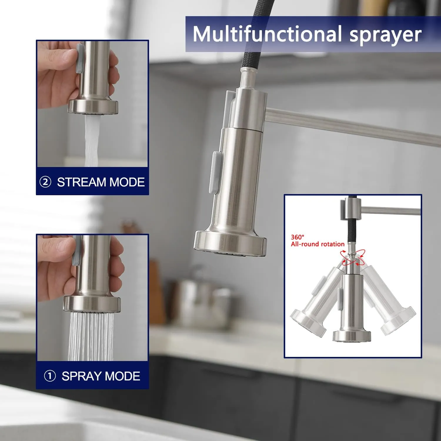 VOTON Kitchen Faucets with Pull Out Sprayer Commercial Spring Sink Faucet Stainless Steel Brushed Nickel Pull Down Single Handle Farmhouse faucets with Deck Plate for Camper Laundry Utility Rv Wet Bar
