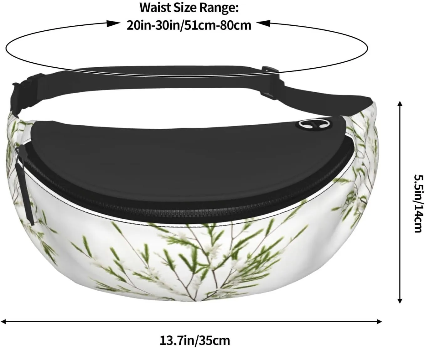 Waist Packs For Men & Women, Fashion Sling Pack With Adjustable Belt For Travel Sports Running.White Natural Plant Green Twig (1) Print