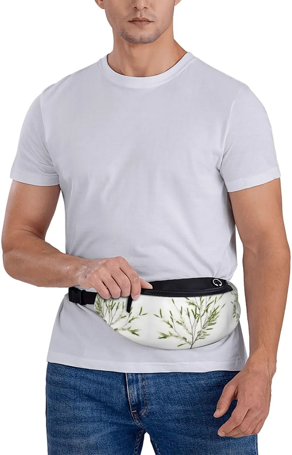 Waist Packs For Men & Women, Fashion Sling Pack With Adjustable Belt For Travel Sports Running.White Natural Plant Green Twig (1) Print