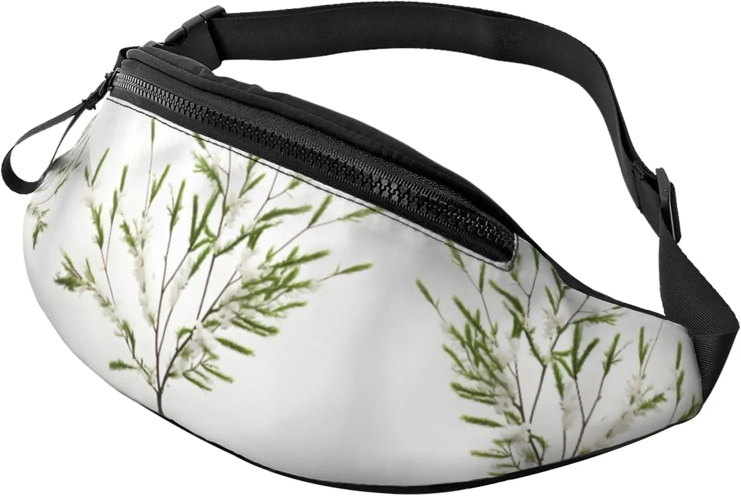 Waist Packs For Men & Women, Fashion Sling Pack With Adjustable Belt For Travel Sports Running.White Natural Plant Green Twig (1) Print