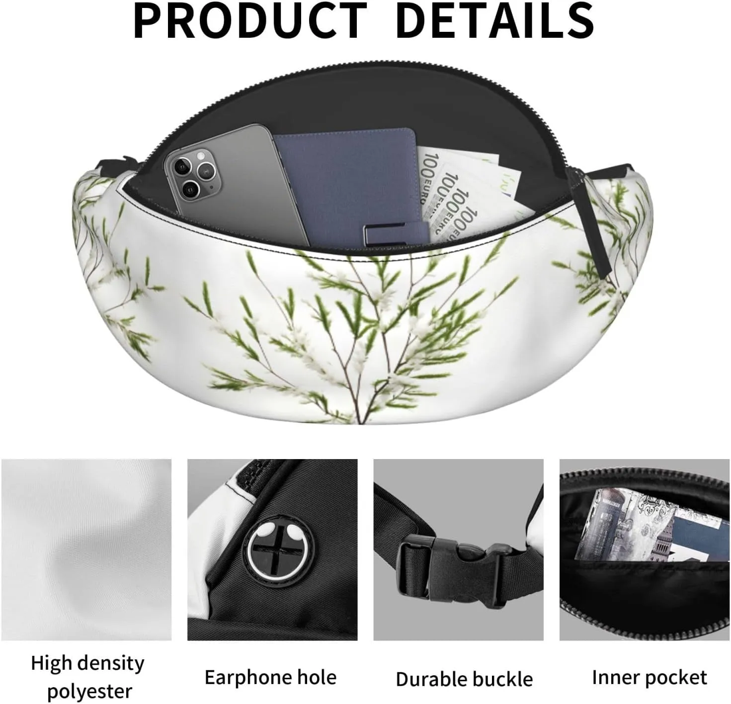 Waist Packs For Men & Women, Fashion Sling Pack With Adjustable Belt For Travel Sports Running.White Natural Plant Green Twig (1) Print