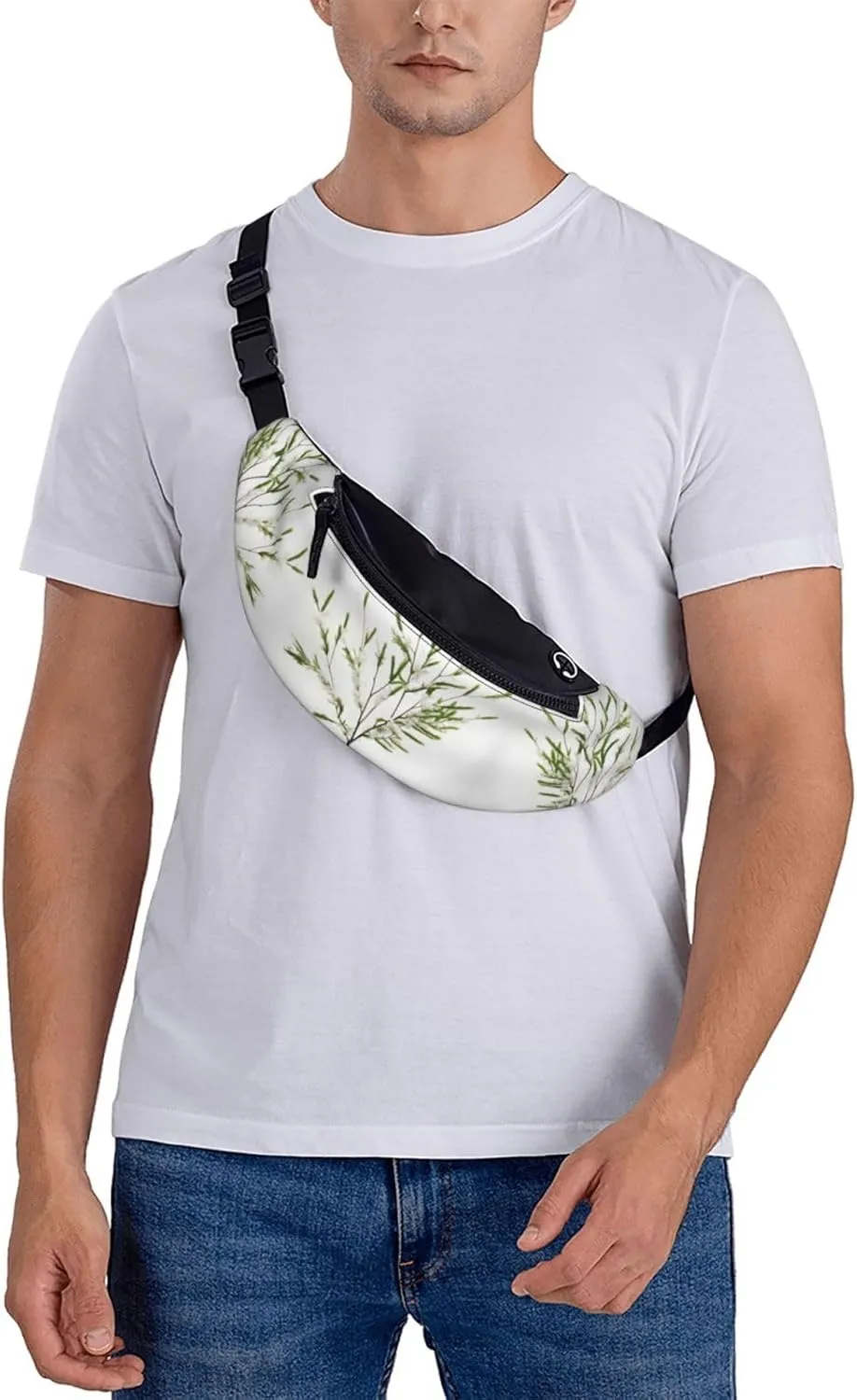 Waist Packs For Men & Women, Fashion Sling Pack With Adjustable Belt For Travel Sports Running.White Natural Plant Green Twig (1) Print