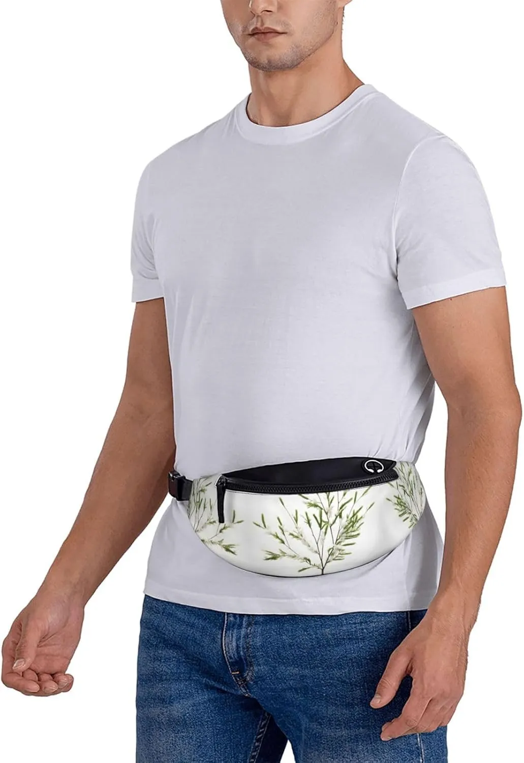 Waist Packs For Men & Women, Fashion Sling Pack With Adjustable Belt For Travel Sports Running.White Natural Plant Green Twig (1) Print