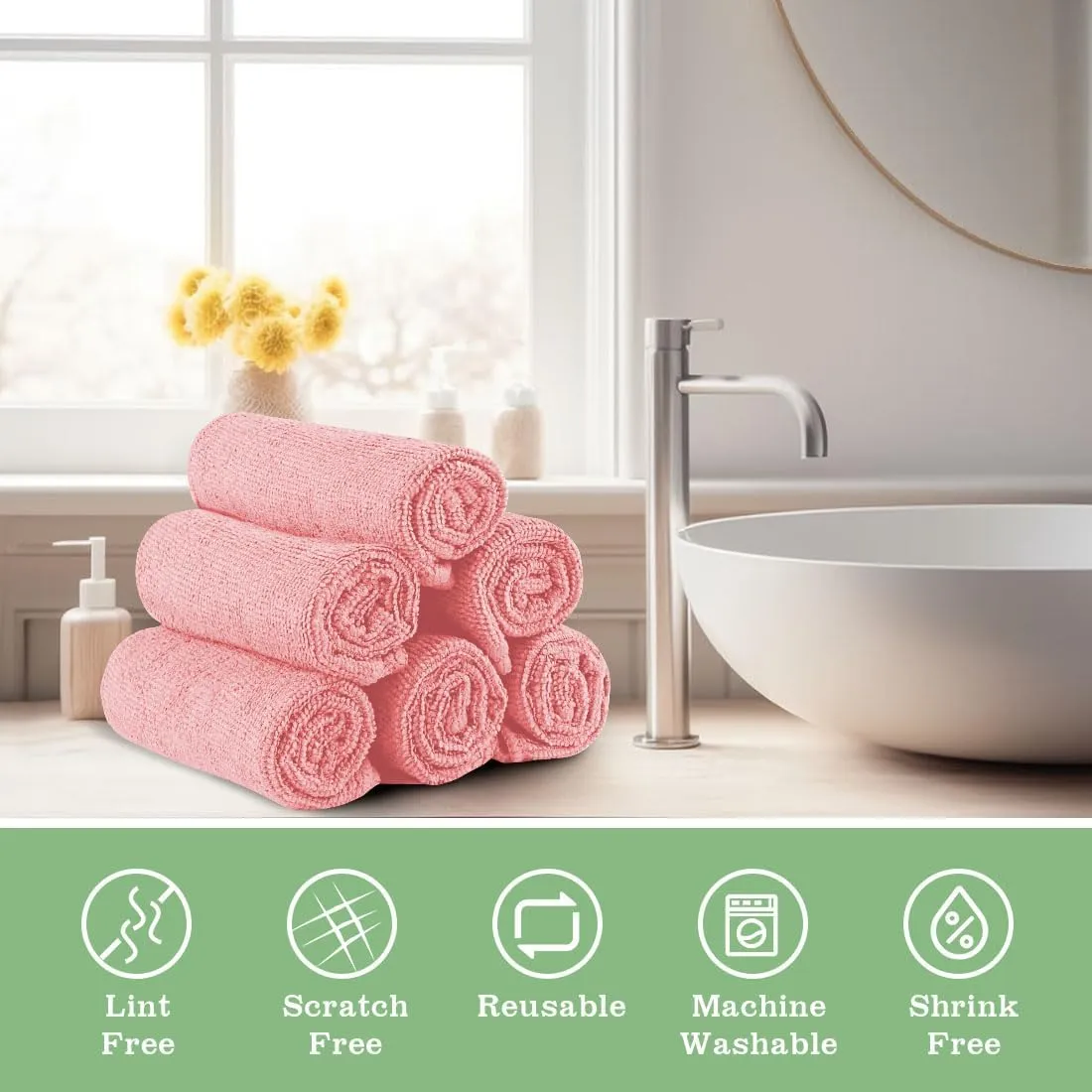 Washcloths Bulk - 100 Pack - Face Towels (12" x 12"), Highly Soft Wash Cloths and Hand Towels, Fast Drying Multi-Purpose Microfiber Cleansing Cloths for Bathroom, Hotel, Spa, and Salon - Pink