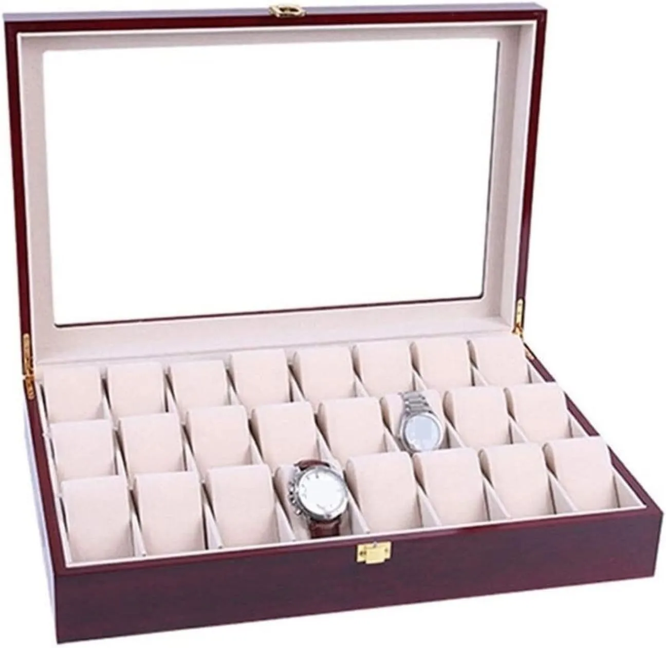 Watch Box Case Watch Organizer Elegant Storage For Watch Jewellery Wood 24 Grids Watch Box Organizer Clear Top Wristwatch Display Metal Buckle Watch Storage Boxes Watch Display Box