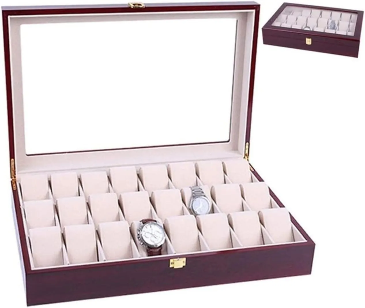 Watch Box Case Watch Organizer Elegant Storage For Watch Jewellery Wood 24 Grids Watch Box Organizer Clear Top Wristwatch Display Metal Buckle Watch Storage Boxes Watch Display Box