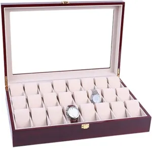 Watch Box Case Watch Organizer Elegant Storage For Watch Jewellery Wood 24 Grids Watch Box Organizer Clear Top Wristwatch Display Metal Buckle Watch Storage Boxes Watch Display Box
