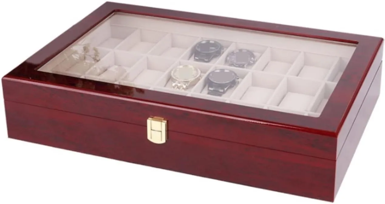 Watch Box Case Watch Organizer Elegant Storage For Watch Jewellery Wood 24 Grids Watch Box Organizer Clear Top Wristwatch Display Metal Buckle Watch Storage Boxes Watch Display Box