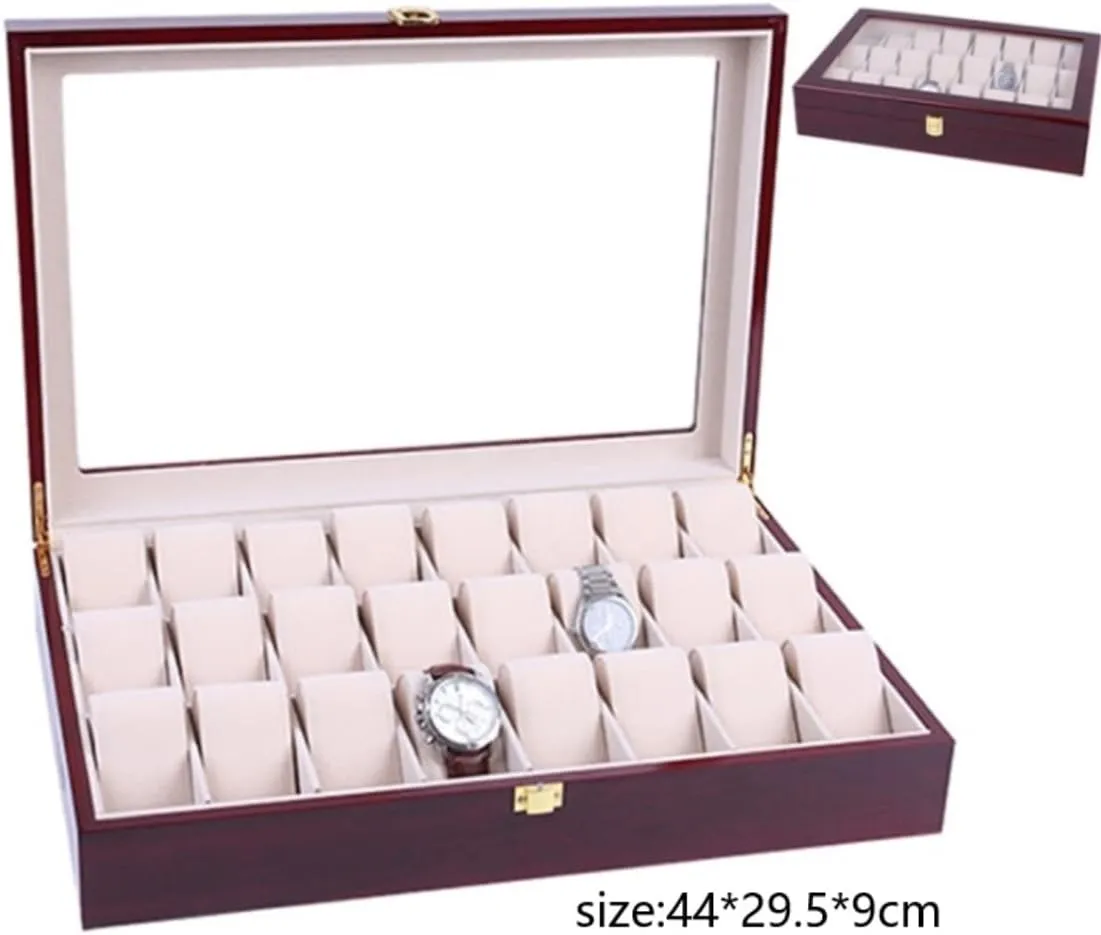 Watch Box Case Watch Organizer Elegant Storage For Watch Jewellery Wood 24 Grids Watch Box Organizer Clear Top Wristwatch Display Metal Buckle Watch Storage Boxes Watch Display Box