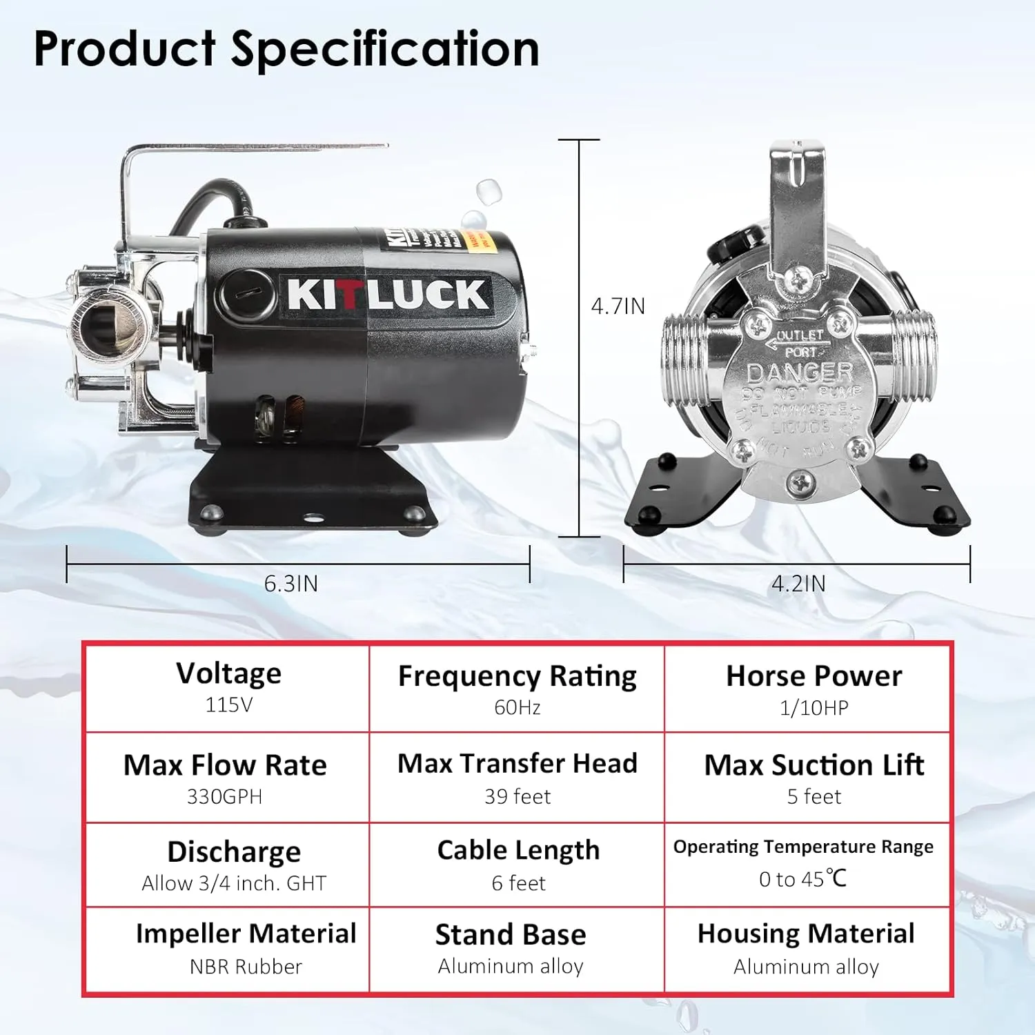 Water Transfer Pump, 115V 1/10HP 330GPH Utility Water Pump Electric With 6ft Suction Hose Kit, Portable Small Water Pump For Pool Draining, Removing Water From Rain Barrel, Aquariums, etc.