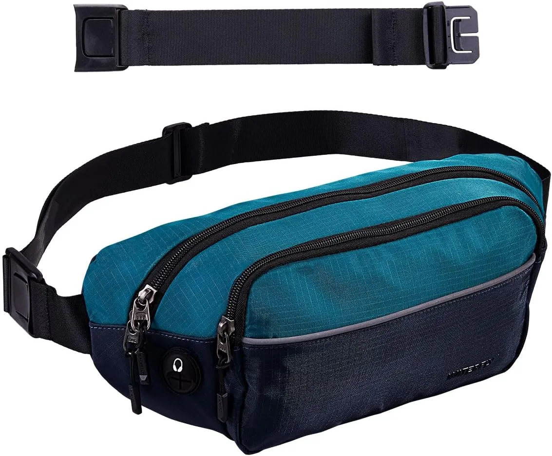WATERFLY Fanny Pack Waist Bag: Large Waist Packs for Women Men Fashion Crossbody Belt Bags for Hiking Running Travel Walking-Dark Blue & Cyan