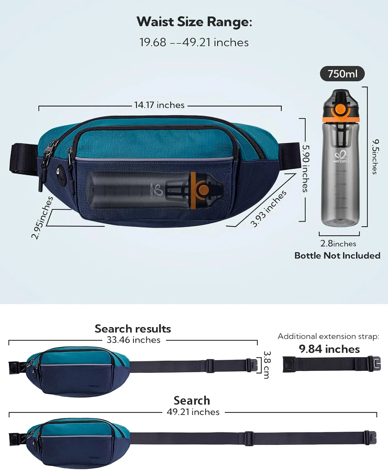 WATERFLY Fanny Pack Waist Bag: Large Waist Packs for Women Men Fashion Crossbody Belt Bags for Hiking Running Travel Walking-Dark Blue & Cyan