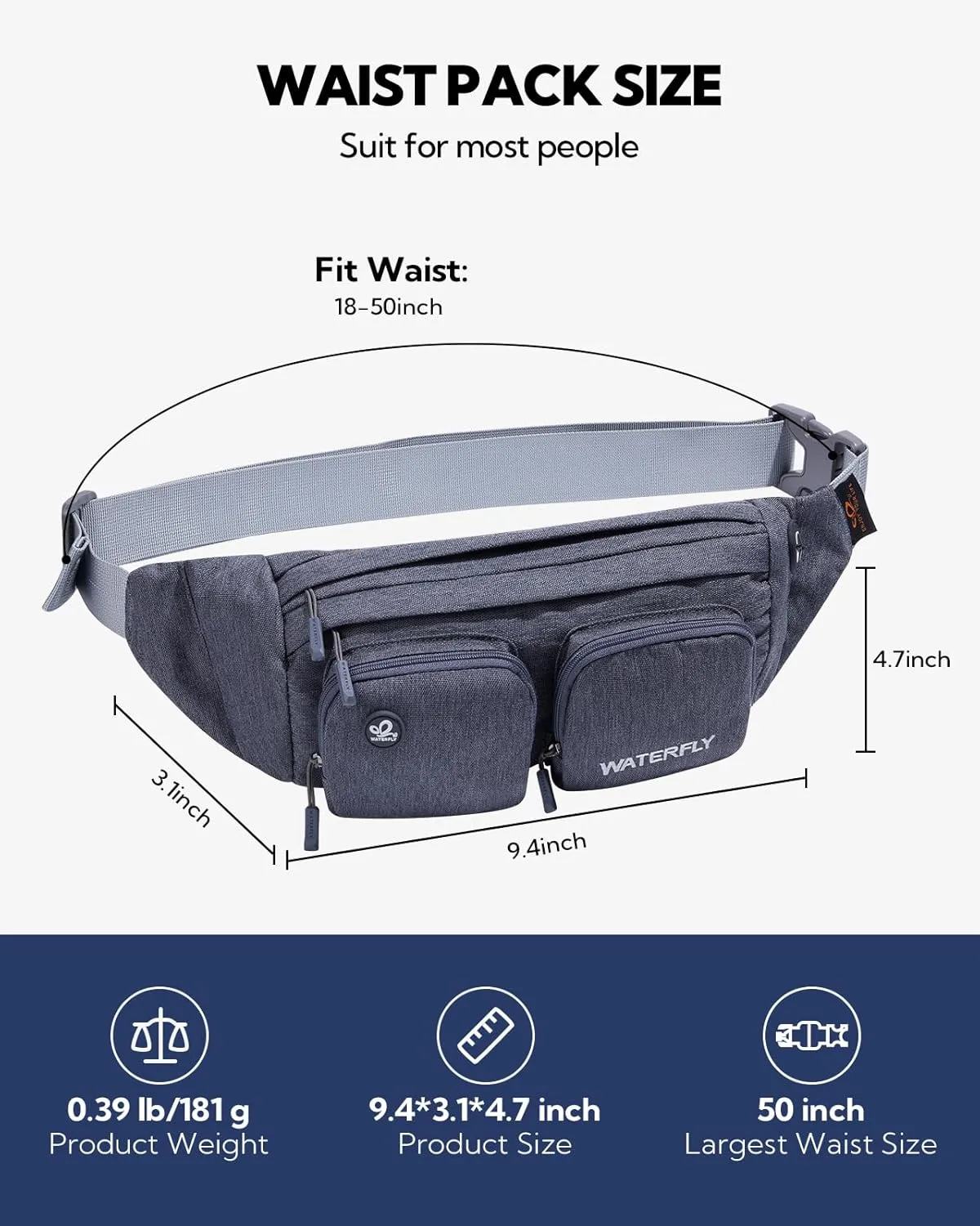 WATERFLY Fanny Pack Waist Bag: Travel Hip Pouch Bum Bag Plus Size Crossbody Fannie Pack Adjustable Belt Waistpack Phanny Fannypack for Man Woman Hiking Walking Jogging