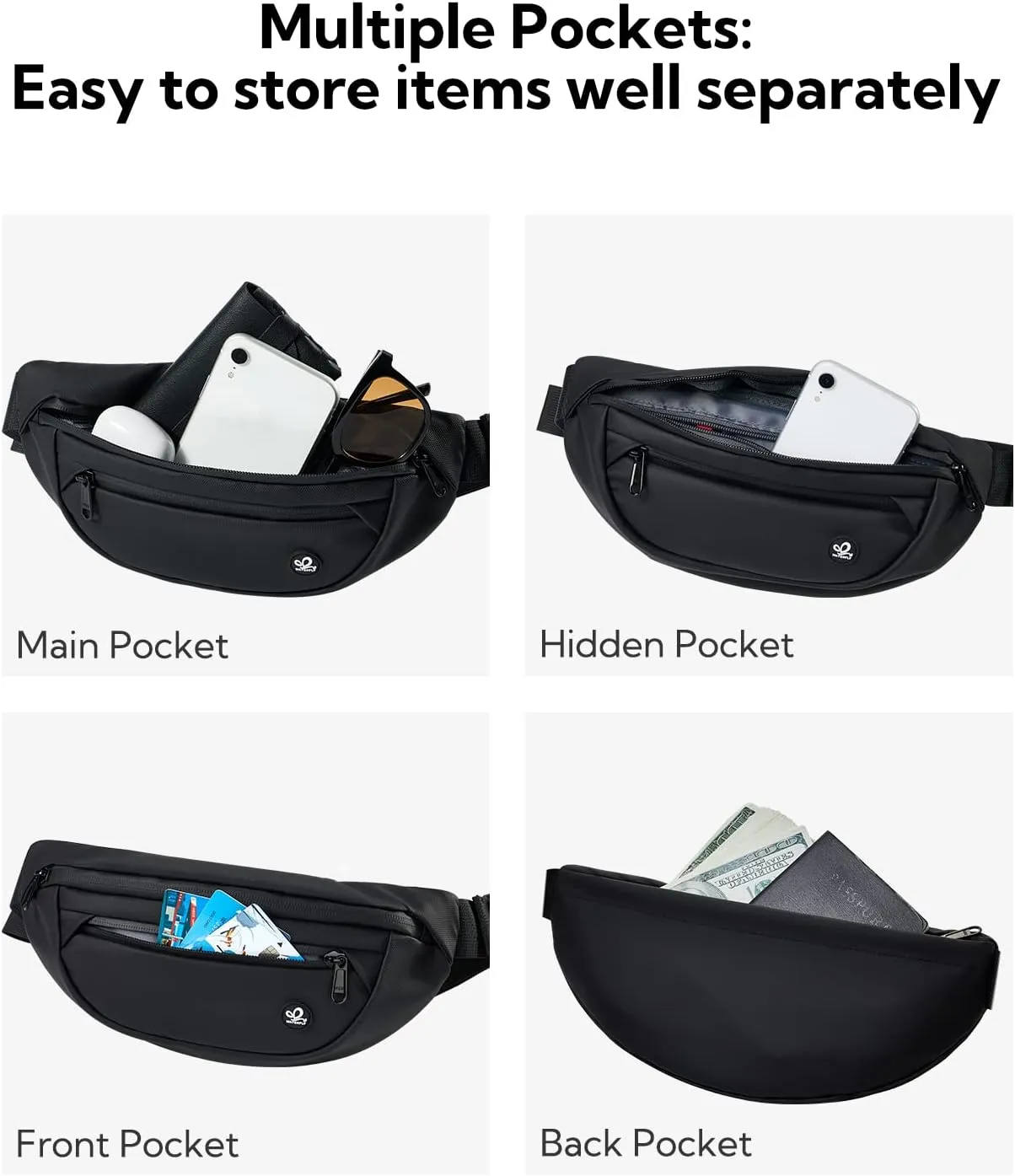WATERFLY Fanny Pack Waist Packs: Small Waist Bag for Women Men Fashion Crossbody Belt Bags for Hiking Running Travel Walking-Black