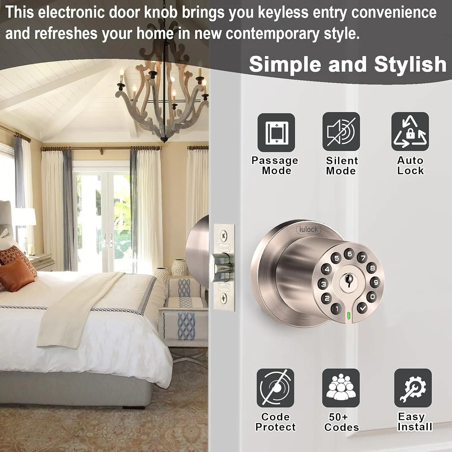 Waterproof Electronic Door Knob with Keypad and Key, Auto Lock, Satin Nickel, 50 Codes, Easy to use and install for Office/Warehouse/Bedroom/Garage