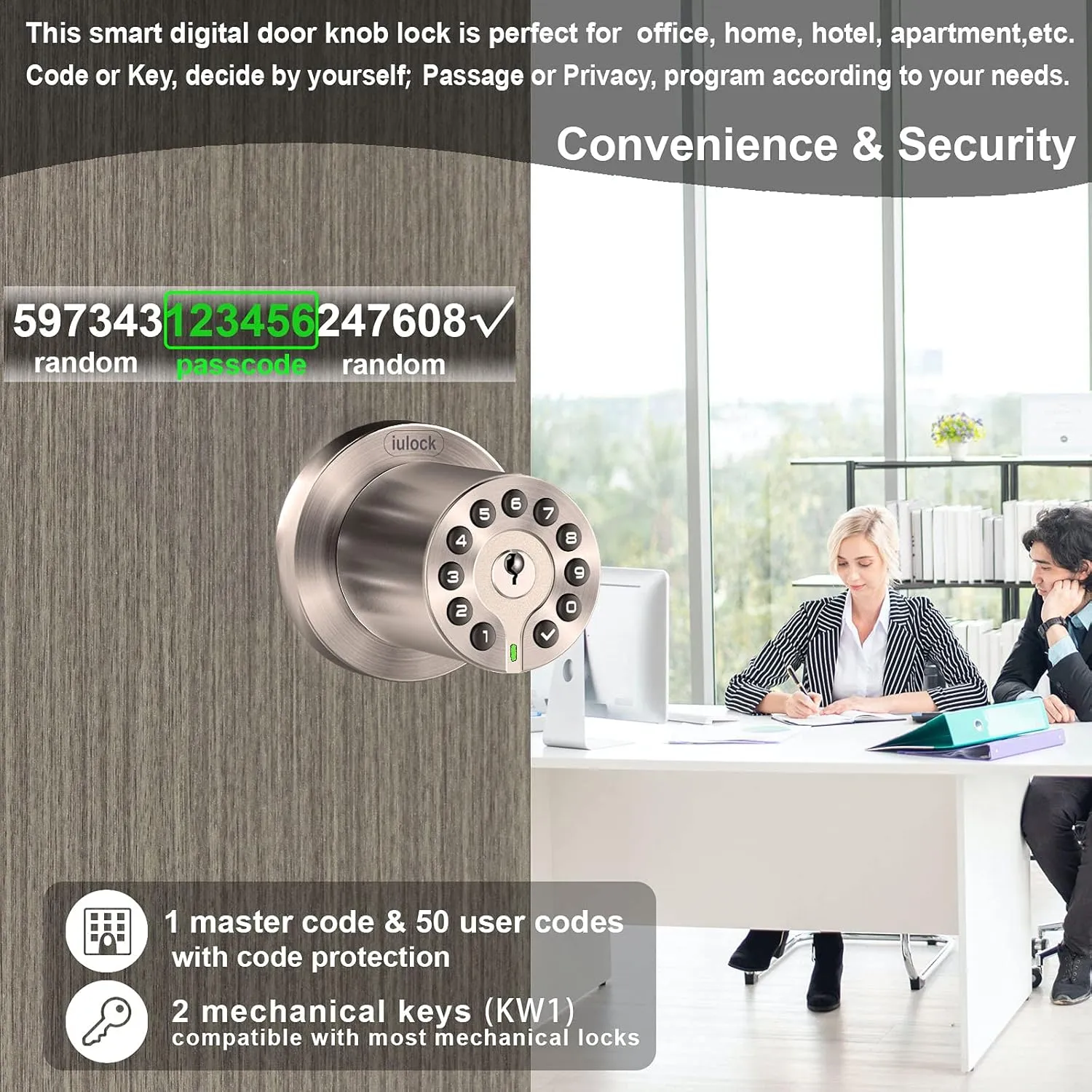 Waterproof Electronic Door Knob with Keypad and Key, Auto Lock, Satin Nickel, 50 Codes, Easy to use and install for Office/Warehouse/Bedroom/Garage