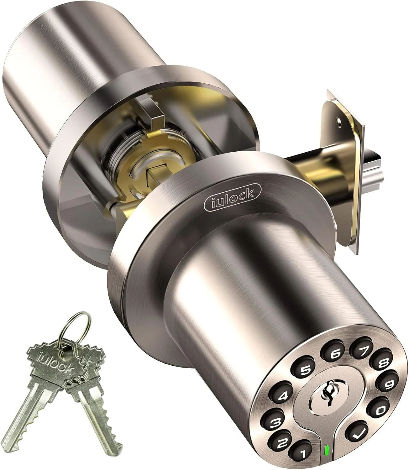 Waterproof Electronic Door Knob with Keypad and Key, Auto Lock, Satin Nickel, 50 Codes, Easy to use and install for Office/Warehouse/Bedroom/Garage