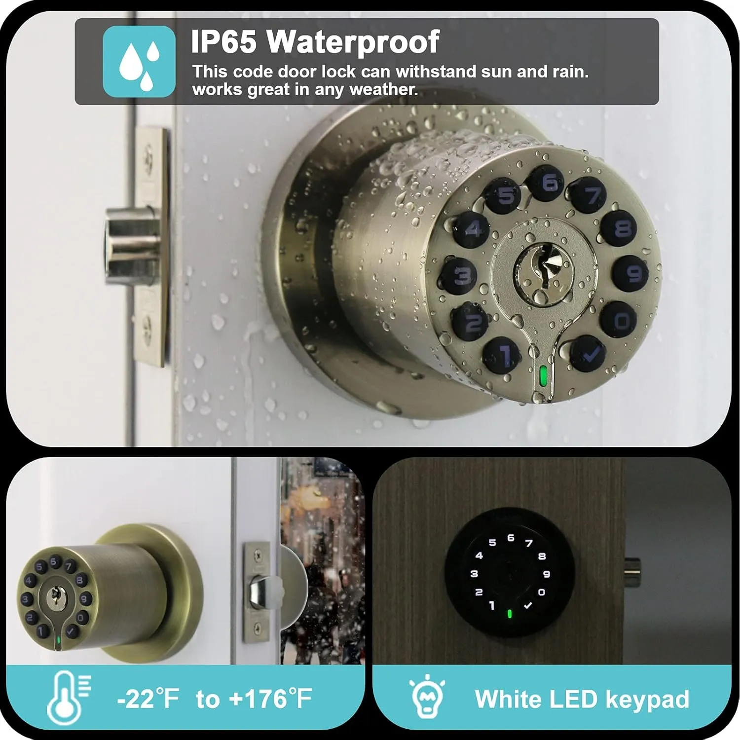 Waterproof Electronic Door Knob with Keypad and Key, Auto Lock, Satin Nickel, 50 Codes, Easy to use and install for Office/Warehouse/Bedroom/Garage