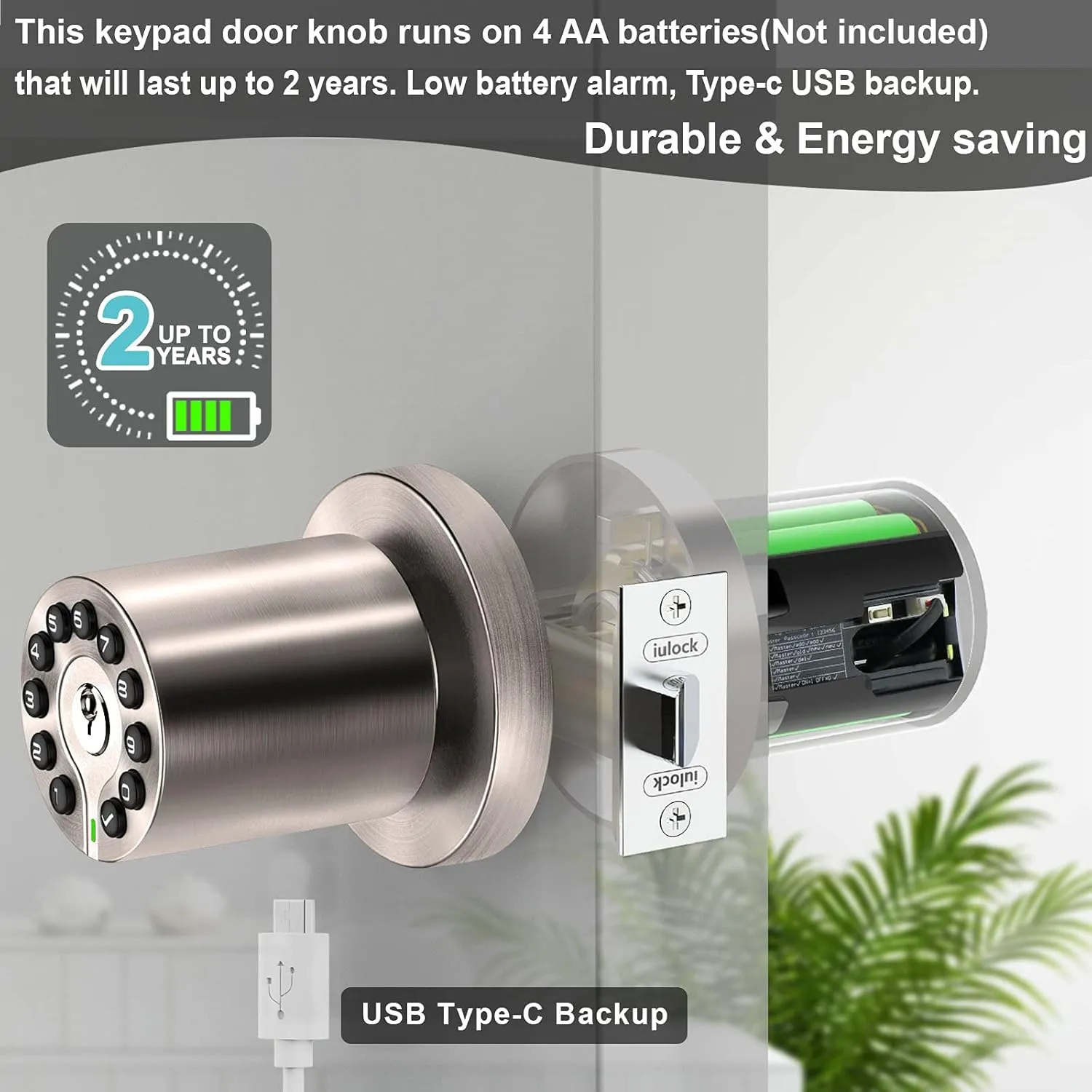 Waterproof Electronic Door Knob with Keypad and Key, Auto Lock, Satin Nickel, 50 Codes, Easy to use and install for Office/Warehouse/Bedroom/Garage