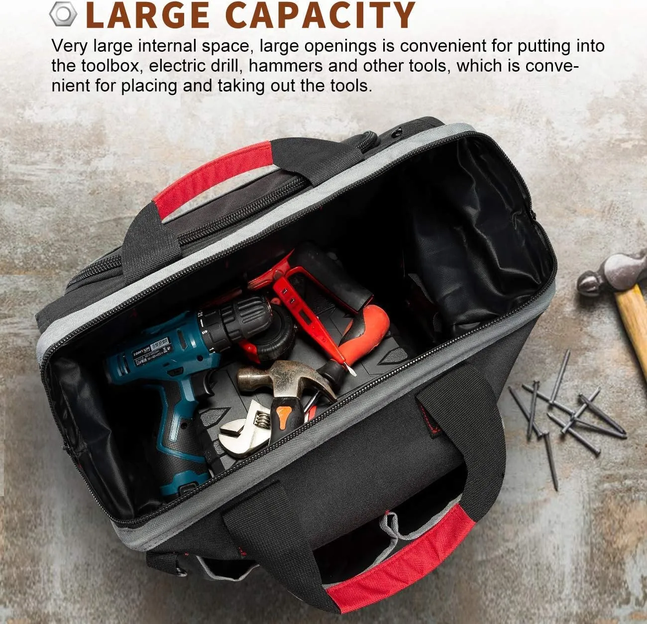 Waterproof Tool Bags for Men or Women, 16-inch Wide Mouth Tool Tote Bag with 25 Pockets for Tool Organizer & Storage, with Adjustable Shoulder Strap (16IN, Black/Red)