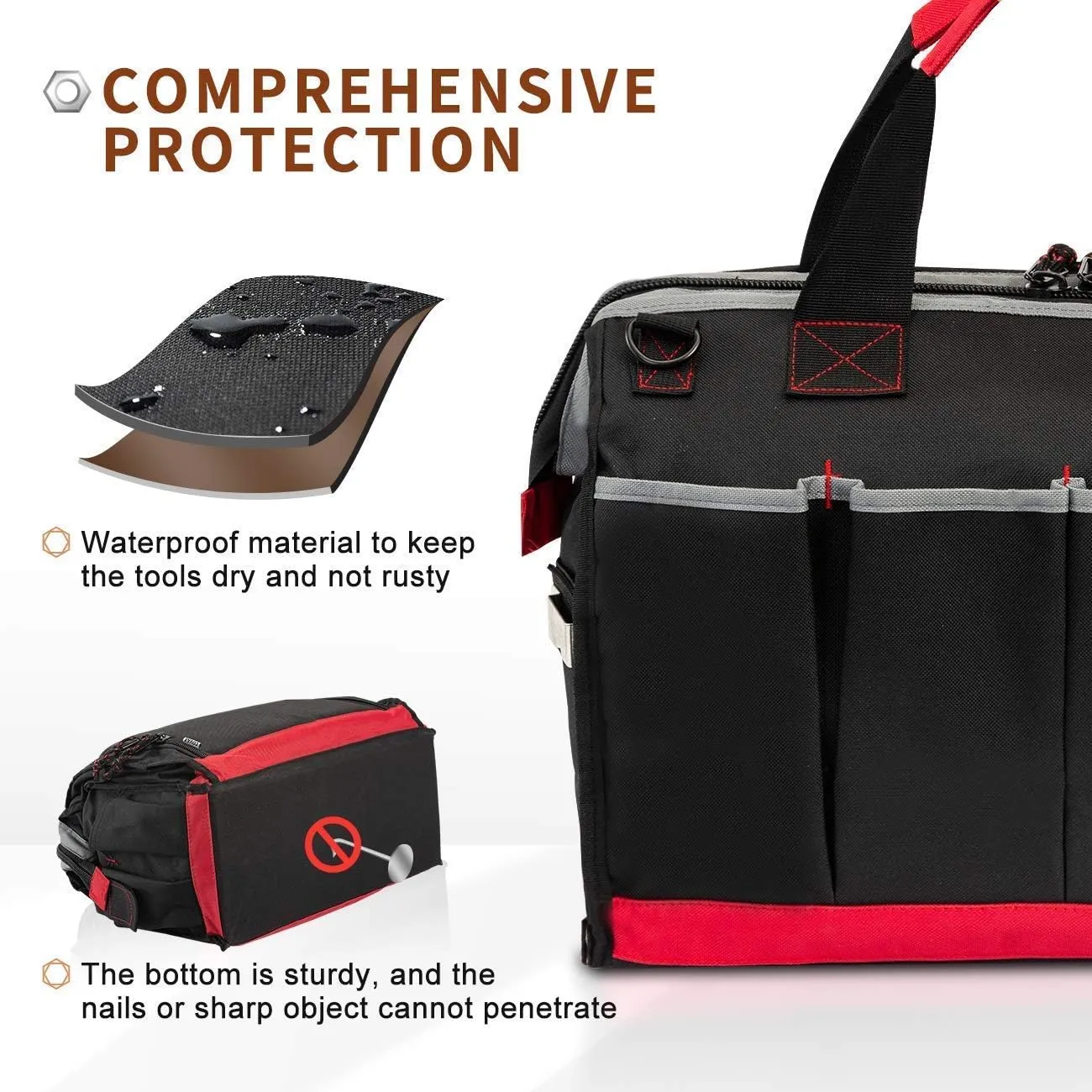 Waterproof Tool Bags for Men or Women, 16-inch Wide Mouth Tool Tote Bag with 25 Pockets for Tool Organizer & Storage, with Adjustable Shoulder Strap (16IN, Black/Red)