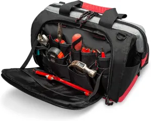 Waterproof Tool Bags for Men or Women, 16-inch Wide Mouth Tool Tote Bag with 25 Pockets for Tool Organizer & Storage, with Adjustable Shoulder Strap (16IN, Black/Red)