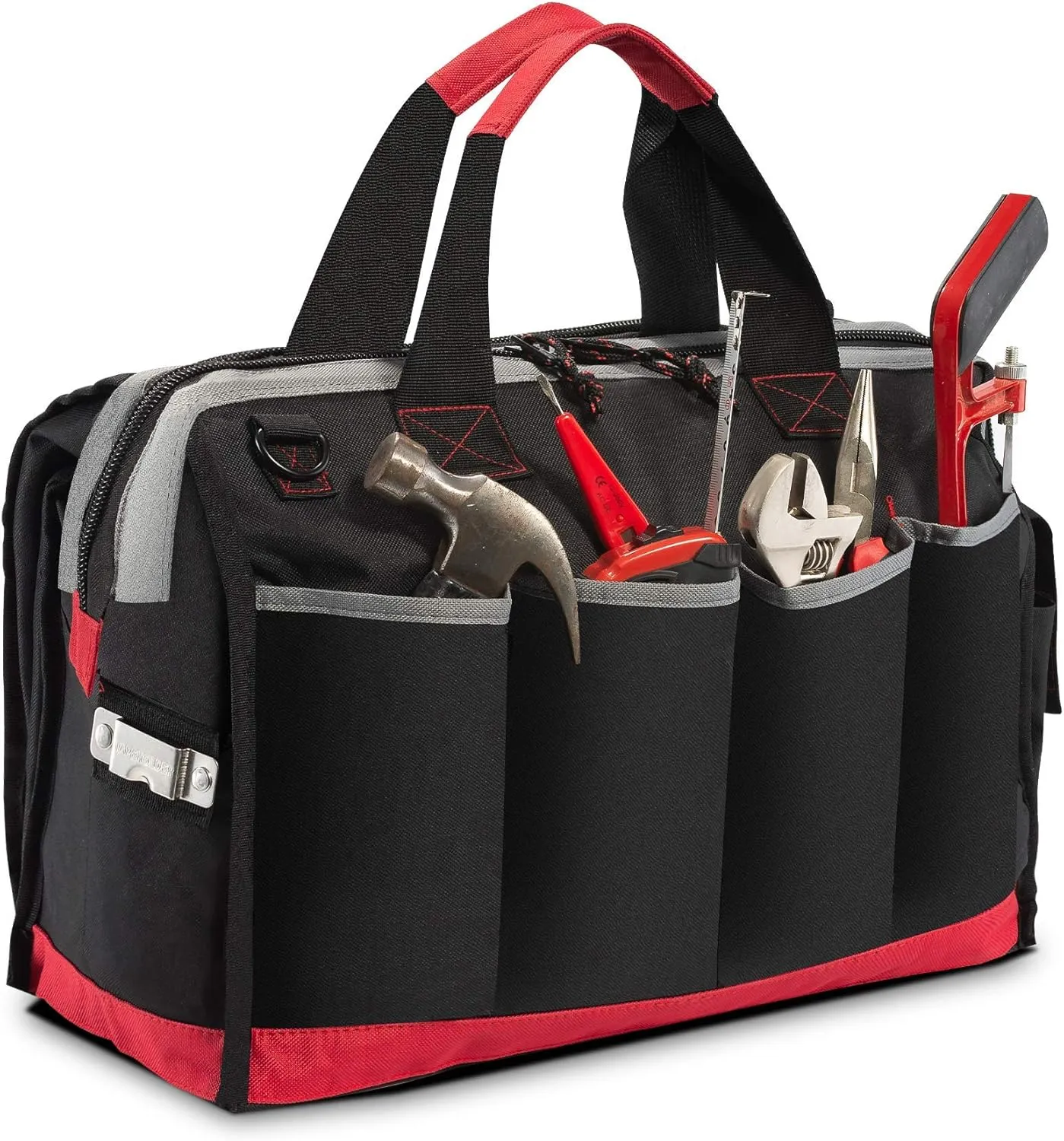 Waterproof Tool Bags for Men or Women, 16-inch Wide Mouth Tool Tote Bag with 25 Pockets for Tool Organizer & Storage, with Adjustable Shoulder Strap (16IN, Black/Red)