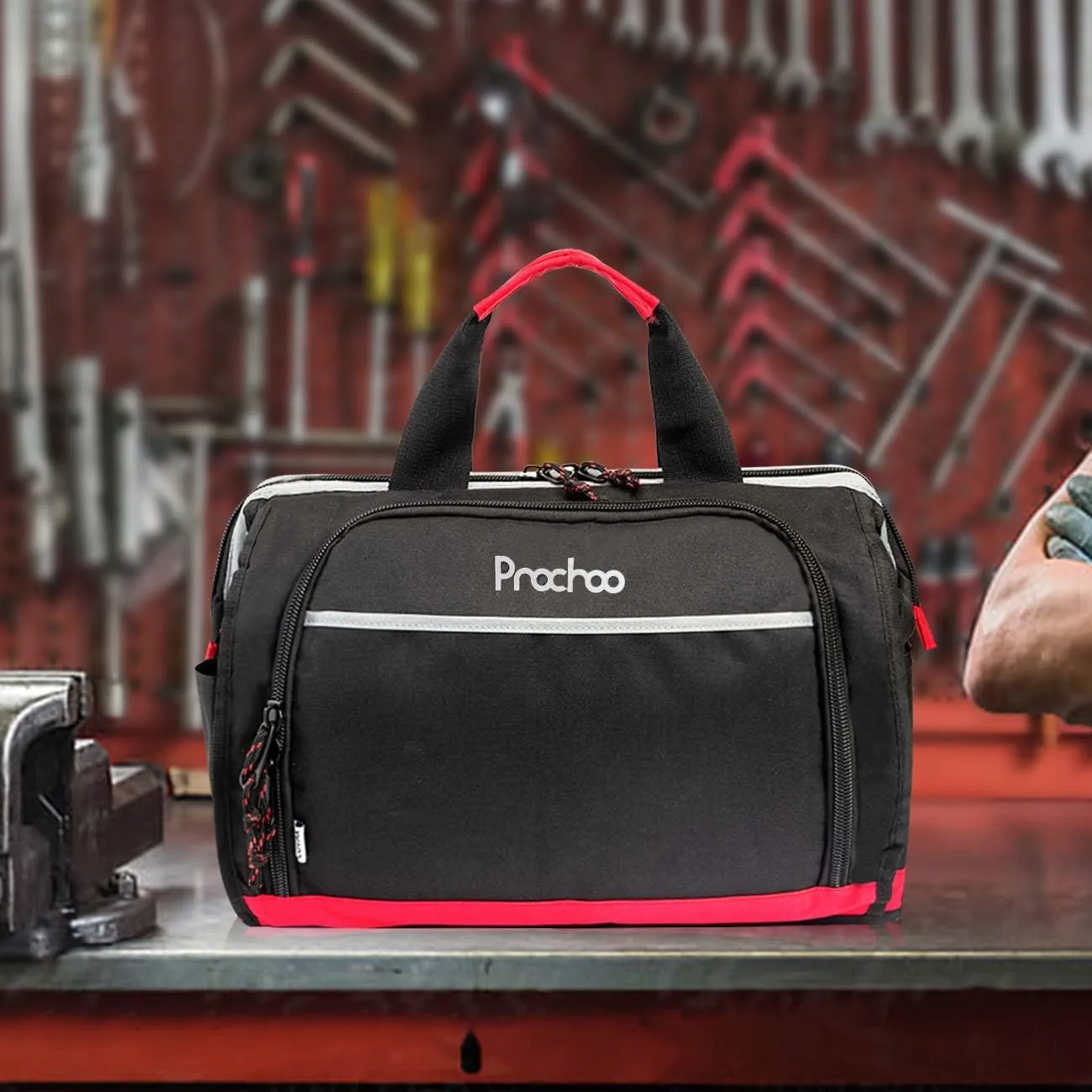 Waterproof Tool Bags for Men or Women, 16-inch Wide Mouth Tool Tote Bag with 25 Pockets for Tool Organizer & Storage, with Adjustable Shoulder Strap (16IN, Black/Red)