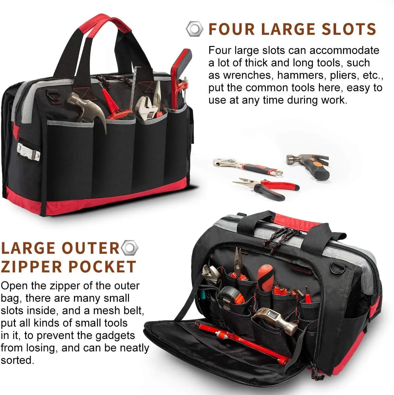 Waterproof Tool Bags for Men or Women, 16-inch Wide Mouth Tool Tote Bag with 25 Pockets for Tool Organizer & Storage, with Adjustable Shoulder Strap (16IN, Black/Red)