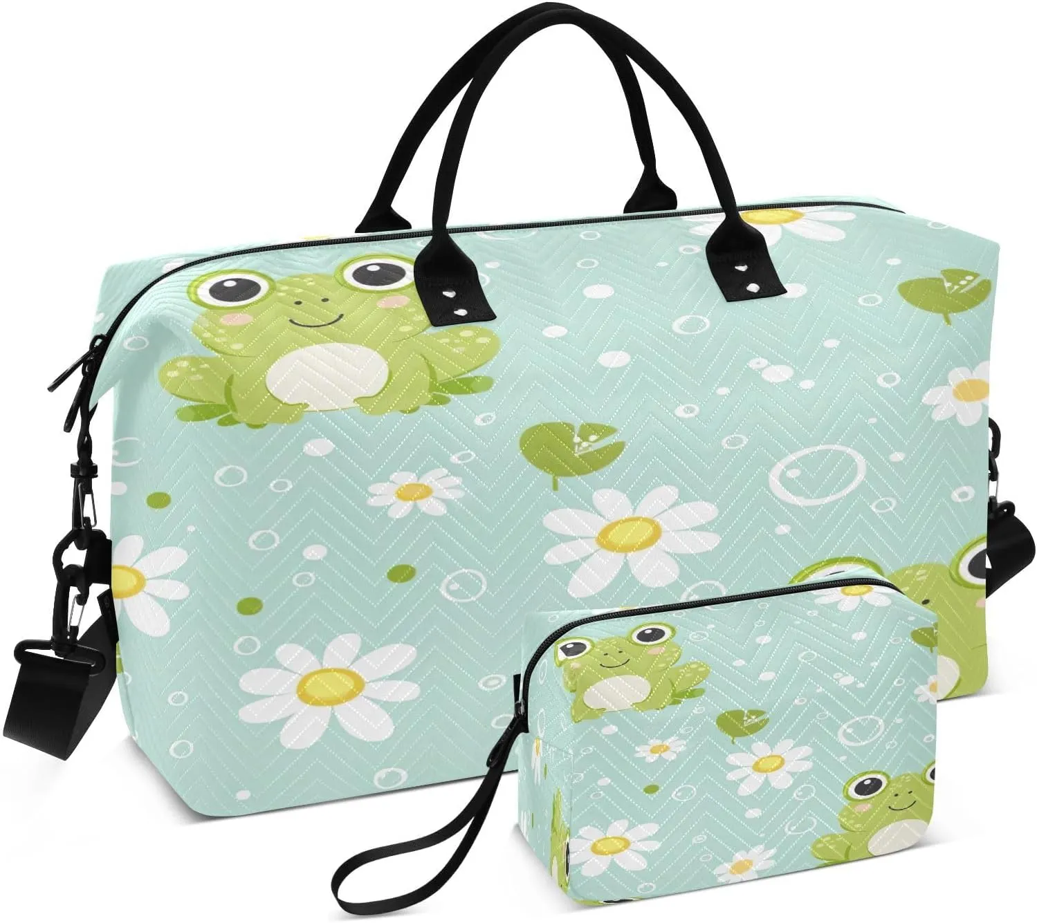 Weekender Bags for Women,Foldable Lotus Pond Green Frog Travel Duffel Bag with Trolley Sleeve Travel Tote Gym Bag with Toiletry Bag