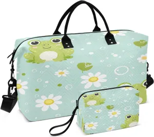 Weekender Bags for Women,Foldable Lotus Pond Green Frog Travel Duffel Bag with Trolley Sleeve Travel Tote Gym Bag with Toiletry Bag