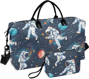 Weekender Bags Travel Duffel Gym Bag Astronauts Space Motifs Carry on Overnight Tote Bag with Toiletry Bag for Airplane Travel Trip Gym Yoga